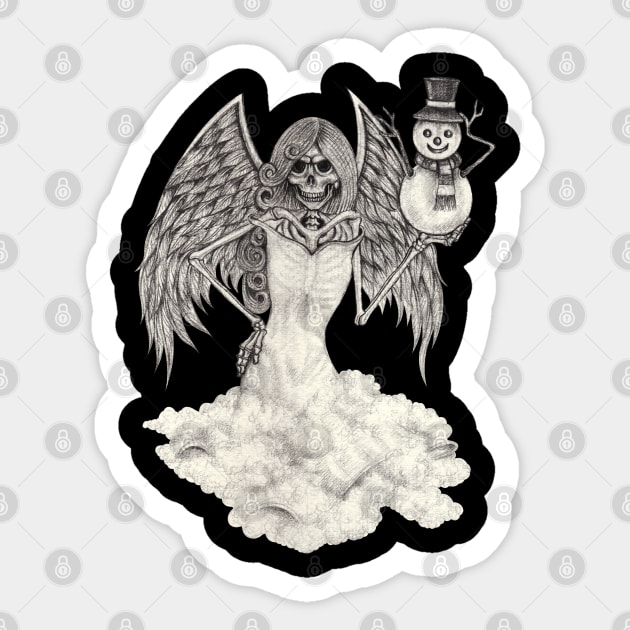 Fantasy surreal skull angel with snowman. Sticker by Jiewsurreal